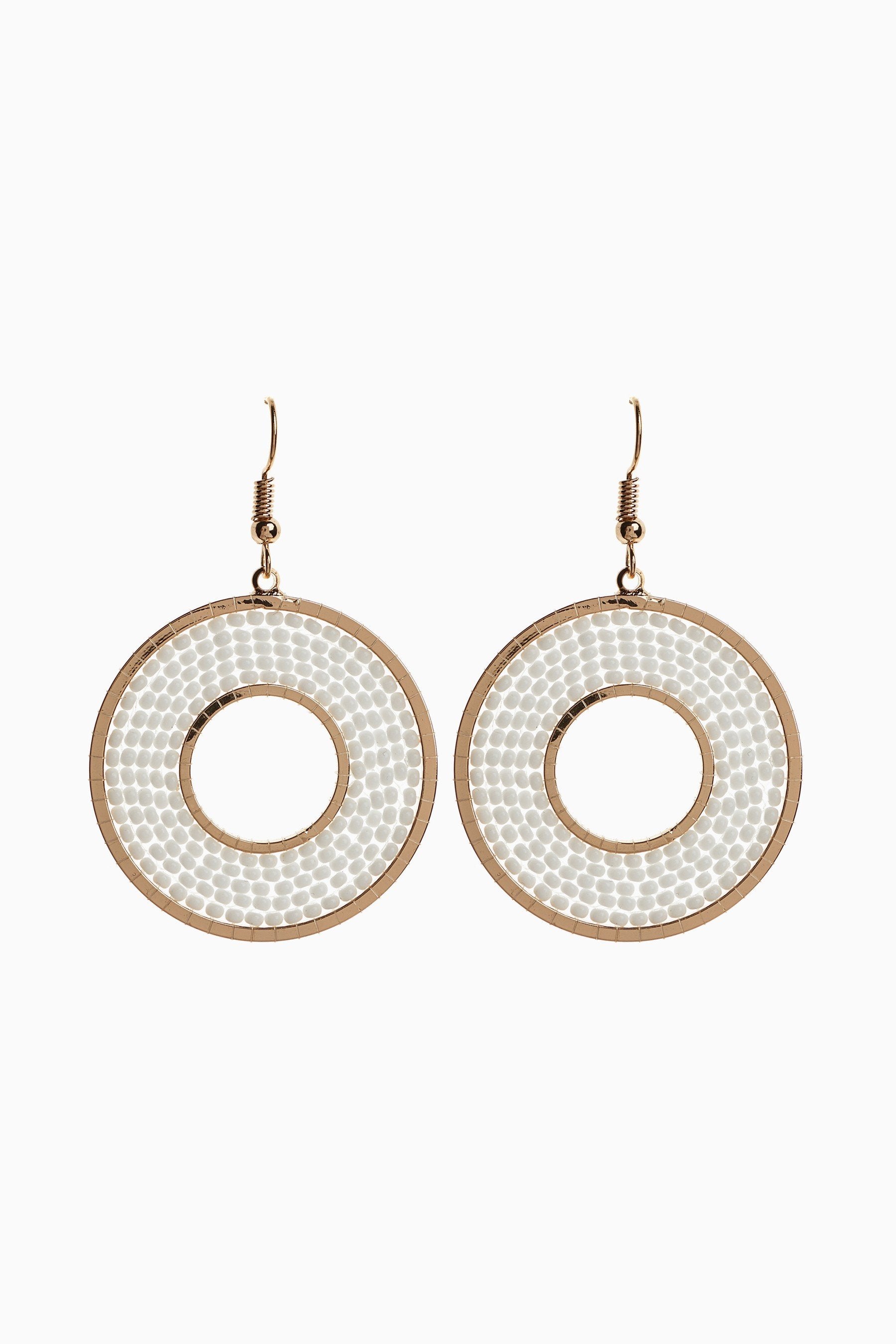 White Beaded Circle Drop Earrings